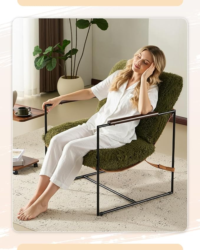 Karl home Modern Accent Chair Plush Fleece Upholstered Living Room Chair with Metal Frame Wooden Armrest Comfy Lounge Armchair for Living Room, Bedroom, Balcony, Reading Room, Green