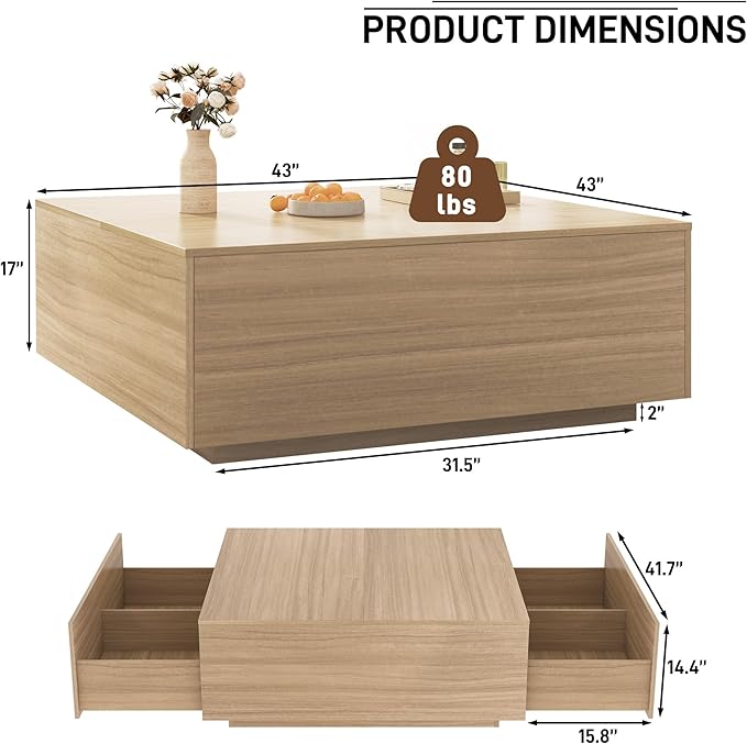 43 Inch Large Square Coffee Table with Storage,Modern Wooden Coffee Table with 2 Drawers Storage for Living Room,Mid Century Tea Table/Aesthetic Coffee Tables Center Table for Home Office(Oak)