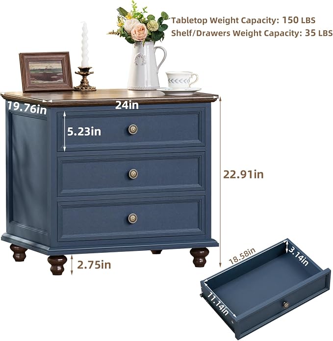 Joaxswe 24" Wide Farmhouse Night Stand Set of 2,Large End Table with 3 Drawers & Metal Handle,Blue Dresser for Bedroom,Bed Side Table Chest of Drawers Cabinet,Wood Nightstand for Living Room,Closet - Image 3