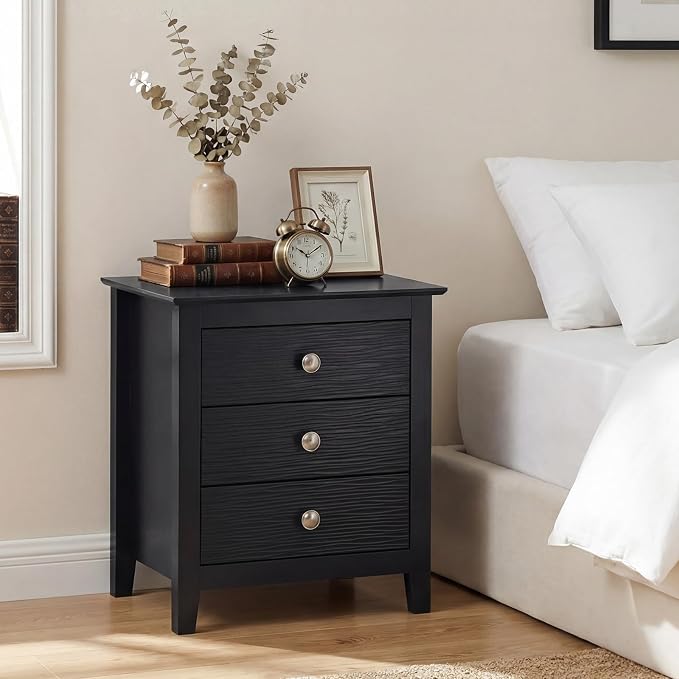 Giantex 3-Drawer Night Stand, 22’’ Compact Sofa End Couch Side Table w/Storage Drawers, Sturdy Legs, Modern Wood Nightstand Bedside Table for Bedroom College Dorm Small Spaces, Black - Image 2