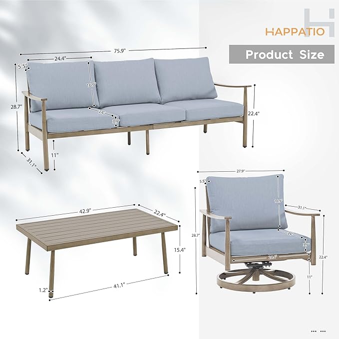 HAPPATIO Patio Outdoor Furniture Set - 4 Piece Aluminum Patio Conversation Set with 1 Coffee Table, 2 Swivel Chairs and 1 Three-Seater Sofa, Aluminum Outdoor Furniture Set for Yard Deck(Brown)