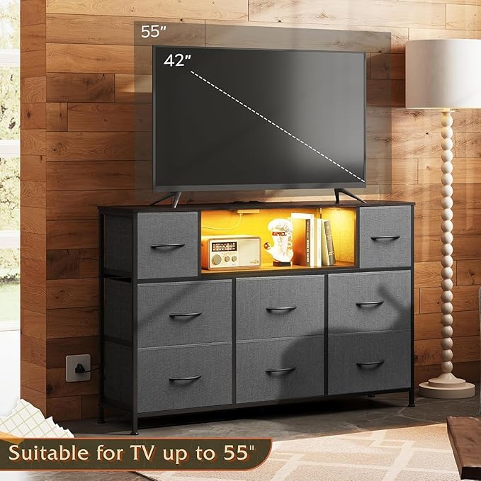Simple Deluxe TV Stand Dresser with 8 Fabric Drawers and Open Shelves, Entertainment Center with LED Lights & Charging Station, Wood Top for 45" -55" TV, for Bedroom/Living Room/Hallway, Grey