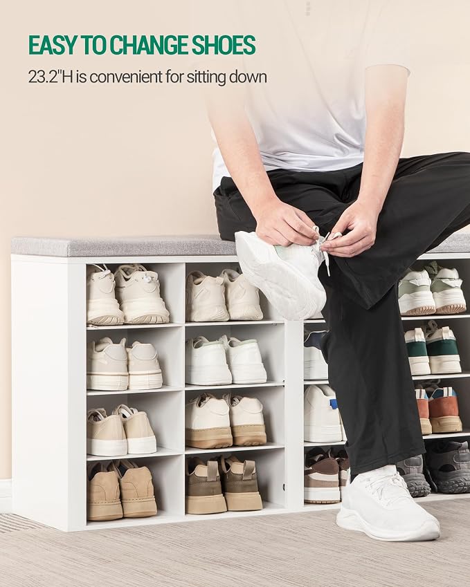 Hzuaneri Shoe Bench with Cushion, Entryway Storage Bench with 16 Cubbies, Cubby Shoe Rack with Adjustable Shelves, Shoe Organizer Cabinet for Living Room, Bedroom, Entryway, White SB25603GY - Image 7
