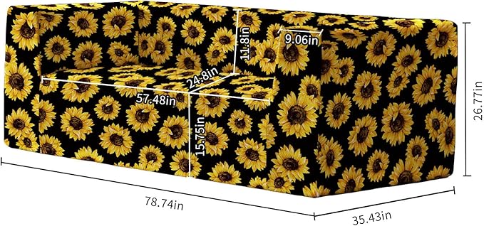 Loveseat Sofa, Boneless Couch in a Box with Sunflowers Print, Small Couch for Small Spaces, High-Resiliency Memory Foam, No Assembly Required, for Living Room, Bedroom, Office