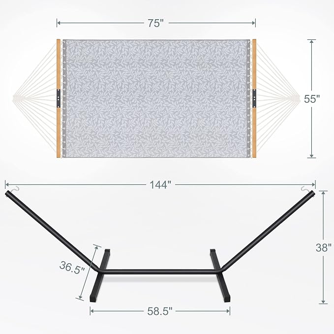 Homgava Two Person Hammock with Stand for Outside Heavy Duty, Outdoor Patio Hammock with Portable Steel Stand, Large Double Hammocks with Quick Dry Textilene Fabric,480lbs Capacity.(Grey White) - Image 3