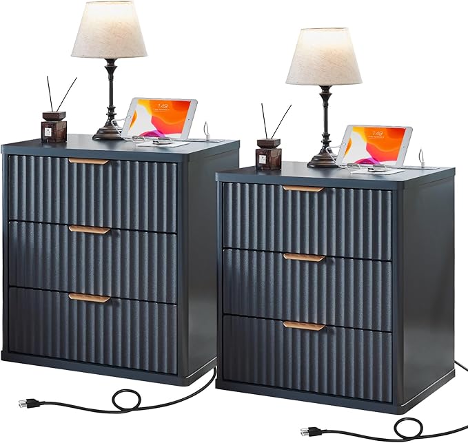 LEYAOYAO 23" Wide Fluted Farmhouse Night Stand Set of 2 with Charging Station, 3 Drawers Large End Table w/Metal Handle,Nightstand Bedside Table,Wood Dresser for Bedroom, Closet,Blue by LEYAOYAO-Findtheshiningpointofyourideallife%EF%BC%81