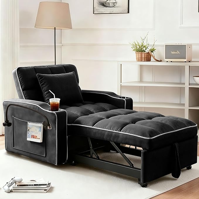 Sleeper Chair, Convertible Pull Out Chair Sleeper with Bracket and Cup Holder, Chairs Bed Sleepers for Adults, 3 in 1 Sofa Bed Chairs for Small Spaces, Living Room, Black