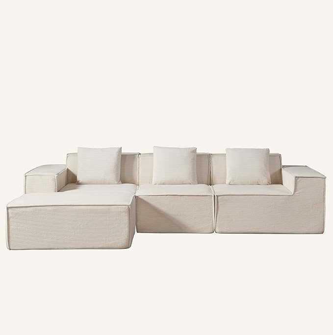 Rowan Convertible Corduroy Sectional Couch with Ottoman & Pillows, Modular L Shaped Sleeper Sofa, Boneless Cloud Couch for Living Room Furniture, Beige
