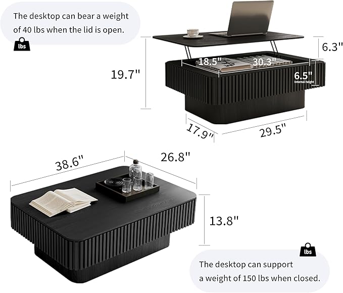 38.6'' Lift-top Coffee Table Solid Wood Veneered Center Table Rectangular Fluted Table with Storage and Adjustable Height for Living Room Apartment Office, Black