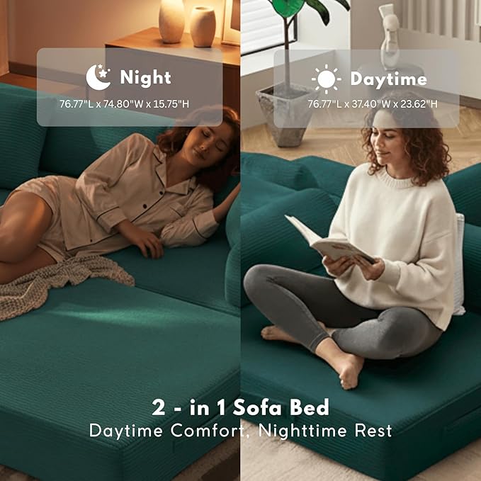 4-in-1 Folding Convertible Sofa Bed, 77" Floor Couch with Pillow - Corduroy Fabric & High-Density Sponge & Fixed-Shape Frame, Modular Sofa for Living Room/Lounge/Studio, Green