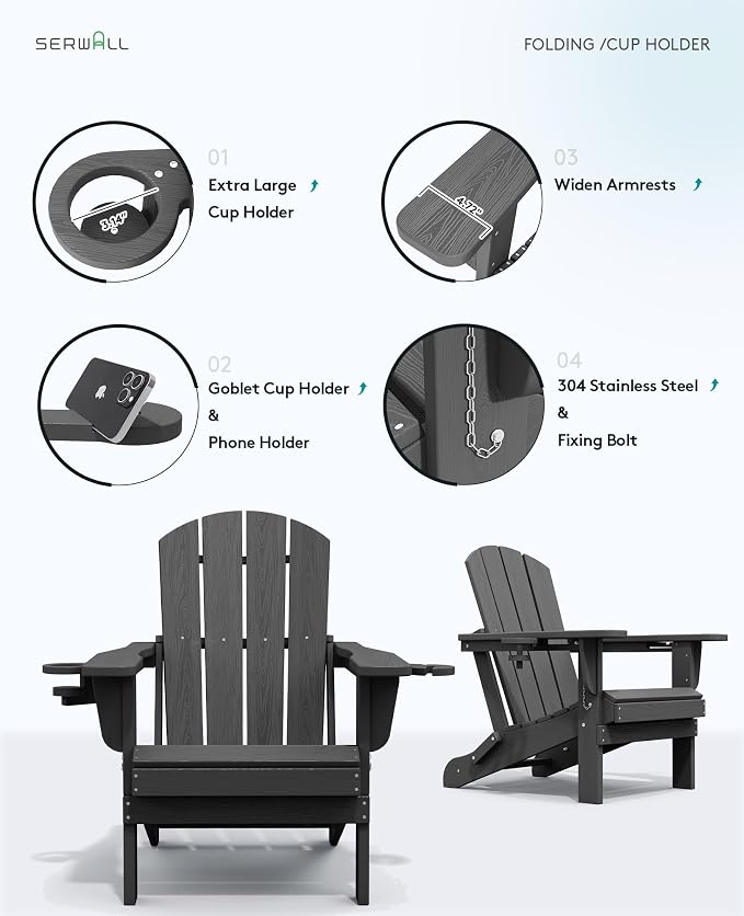 SERWALL Foldable Adirondack Chair Set of 6, HDPE Adirondack Chair with Wood-Texture-Gray - Image 8