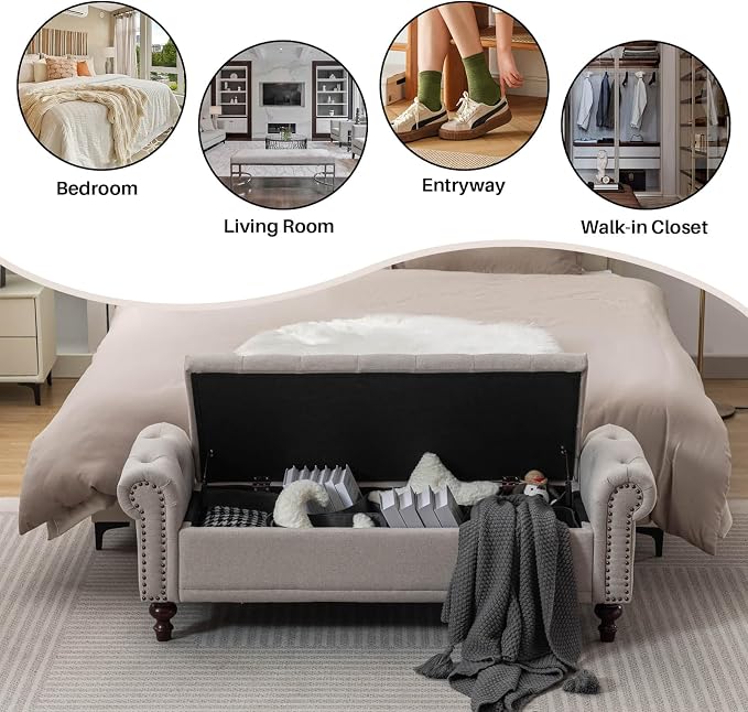 SOFTHION 58.1" Storage Bench Upholstered Linen End of Bedroom Bed Bench Ottoman with Tufted Cushioned Rolled Arm Large Storage Space for Reading Living Room Entryway, Light Brown - Image 7
