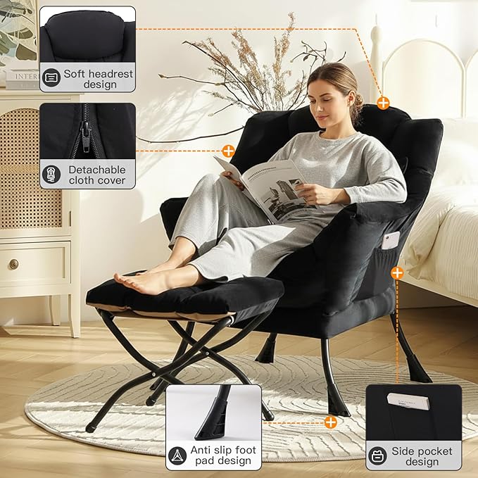 Lazy Chair with Ottoman, Large Accent Chair with Ottoman and a Throw Pillow, Black Reading Chair for Living Room Bedroom Dorm Room Office Apartment Relaxing Use