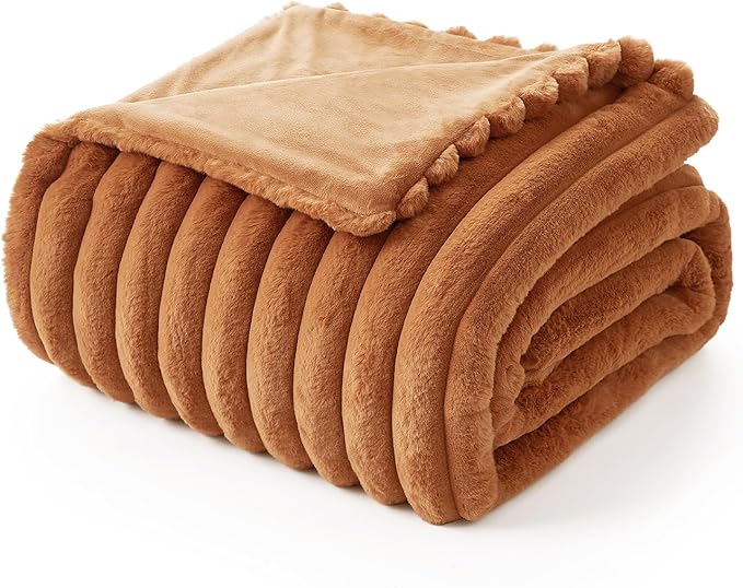 Amélie Home Faux Fur Throw Blanket for Couch, Cozy Fuzzy Fluffy Fur Luxurious Soft Striped Plush Gift Blankets for Family Sofa Chair Bedroom, 55"x70", Orange Brown
