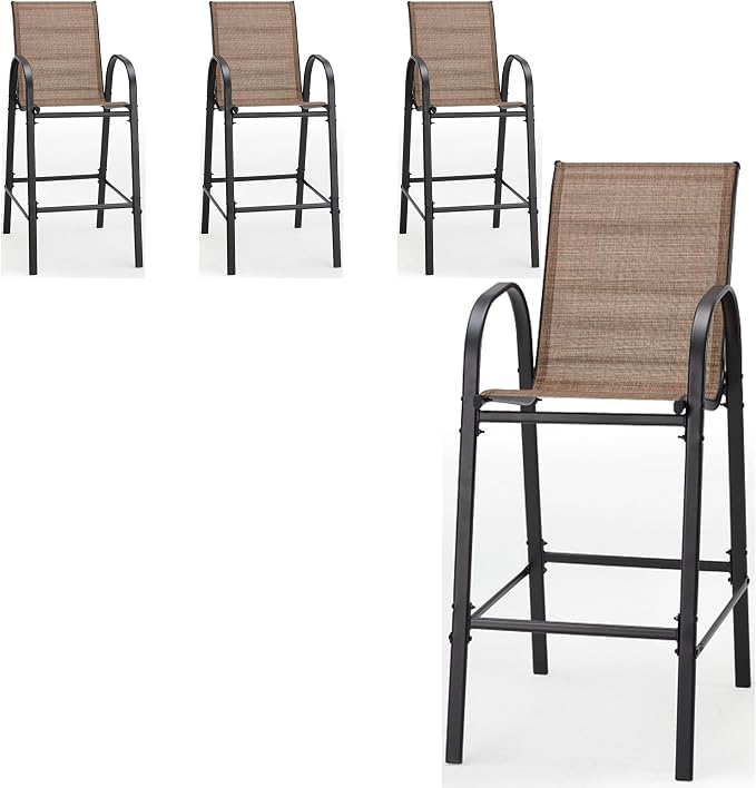 HOMREST Outdoor Bar Height Stools Set of 4,High Back Patio Chairs with Armrests,Textilene Chairs with Breathable Fabric & Metal Frame for All Weather,Brown by HOMREST