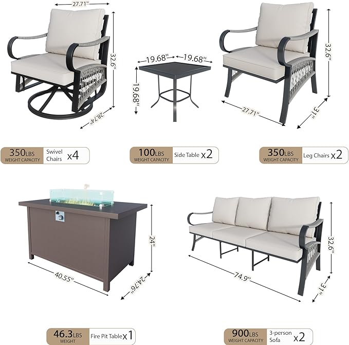 11 Pieces Outdoor Patio Conversation Sets, Outdoor Furniture Set Metal 2 Three-Seater 4 Swivel Rockers with 2 Side Tables 2 Single Chairs with Fire Pit Table for Backyard Deck Porch Poolside, Beige