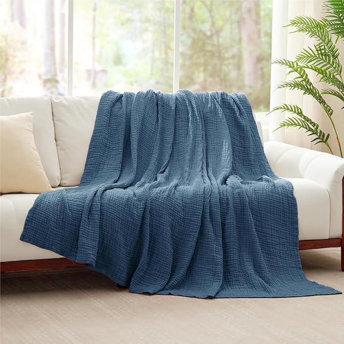 100% Cotton Muslin Blanket Twin XL 66" x 90", 6 Layers Breathable and Lightweight Twin Blanket for Bed, Soft Boho Bedspread, Gauze Bedding for All Season, Blue