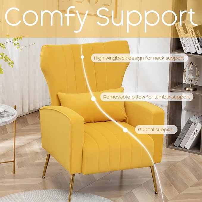 Accent Chair High Back Arm Chair for Living Room, Upholstered Wingback Armchair with Golden Legs Lumbar Pillow, Single Sofa Reading Chair for Bedroom, Apartment, Small Spaces Velvet Yellow