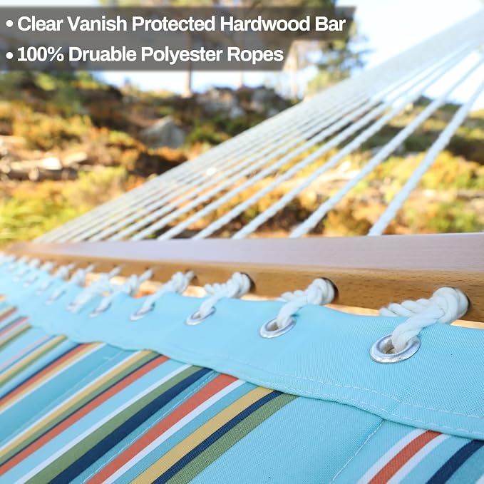 CHULIM 12 FT Double Quilted Fabric Hammock with Spreader Bars and Pillow 450 LBS Weight Capacity 2 Person Hammock for Outdoor Patio Backyard Poolside Blue Stripes - Image 7