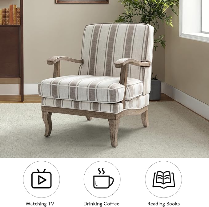 HULALA HOME Upholstered Accent Chair, Mid-Century Modern Striped Chair with Graceful Curves and Wooden Legs, Comfy Lounge Armchair Striped Accent Chairs for Living Room, Bedroom (TAN)