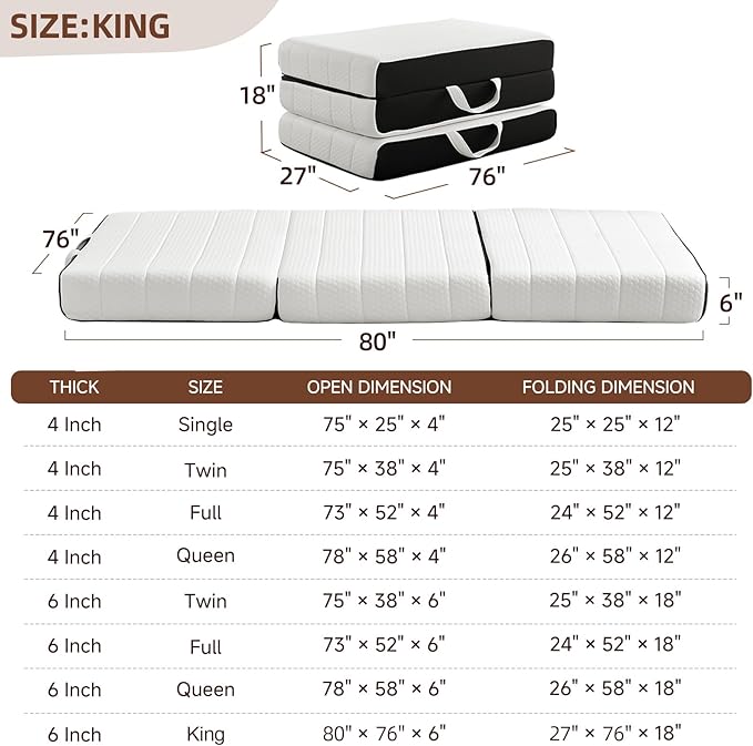 ROXGOX Foldable Mattress, Queen Tri-Fold Memory Foam Mattress Topper with Washable Cover, Handle & Non-Slip Bottom, 6 Inch Portable Folding Bed for Guest, Yoga, Living Room, Camping - 80"x76"x6"
