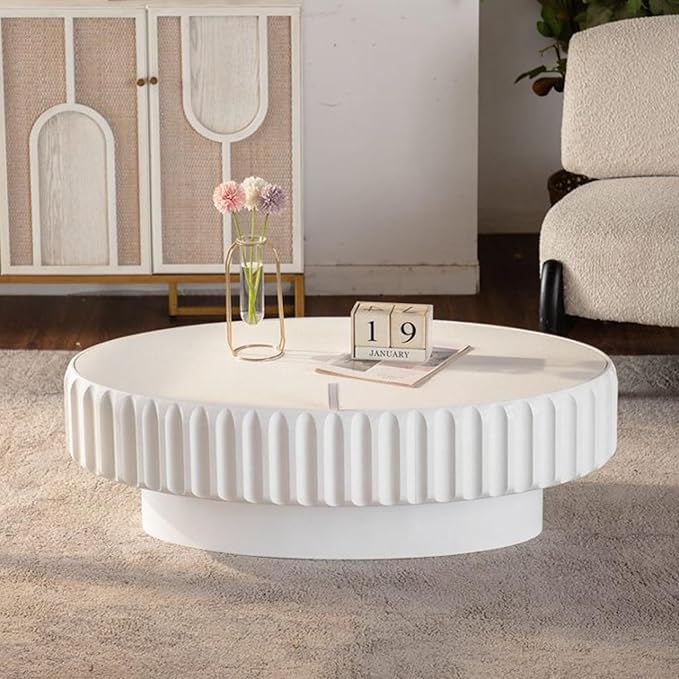 WILLIAMSPACE 43.31" Olive Coffee Table with Storage for Living Room, Modern Oval Fluted Center Table with Lift-Off Lid, Drum Pedestal Tea Table for Apartment, Easy Assembly, White