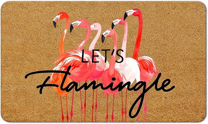 Funny Pink Flamingo Faux Coir Door Mat Doormat for Front Door Indoor Outdoor Porch Entrance Entryway Outside Inside, Let's Flamingle Summer Tropical Pink Welcome Mat, 17x30 Inches by MKIJUHB
