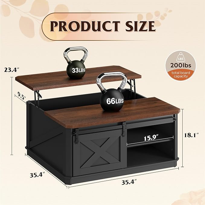 WLIVE Framhouse Coffee Table with Storage, 35.5" Lift Top Coffee Table for Living Room, Square Center Table, Rustic Cocktail Table with Sliding Barn Doors, Curevd Base, Black