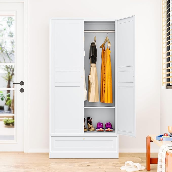 Metal Wardrobe Cabinet with Drawer and Hanging Rod,Armoire Wardrobe Closet with doors,White Metal Clothing Storage Cabinet with Adjustable Shelves,Armoire Storage Cabinets for Home,Bedroom Armoires