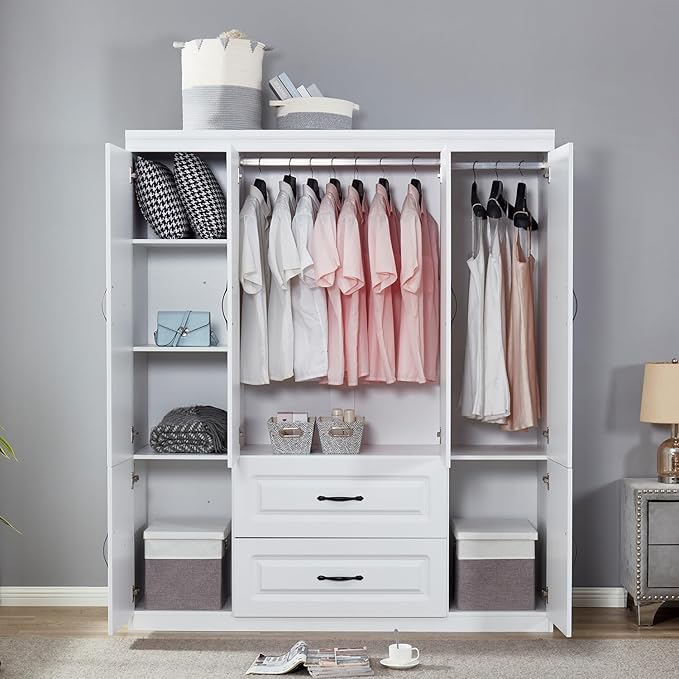 Wooden Armoire Wardrobe Closet White Large Capacity Storage Tall Clothes Cabinet with 4 Doors, Armoires and Wardrobes with 2 Drawers, 2 Hanging Rods and Shelves for Bedroom Armoire, White
