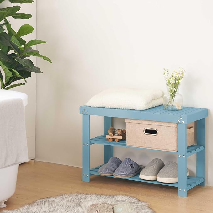 Apicizon Bamboo Shoe Rack for Entryway, 3-Tier Shoe Rack Bench for Front Indoor Entrance, Small Shoe Organizer with Storage, Blue - Image 6