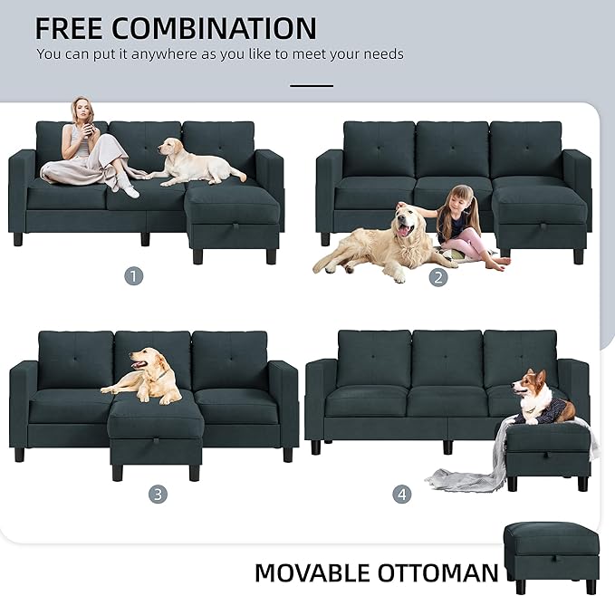 Shintenchi 76" Modern Upholstered Sectional Sofa, L-Shaped Couch with Storage Ottoman and Reversible Chaise for Living Room, Dark Gray Linen Fabric