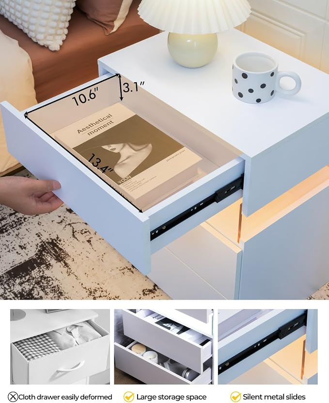 Bingoday White LED Nightstands Set of 2 Modern Night Stand Set 2 Bedside Table with 3 Drawers for Bedroom End Side Table - Image 6