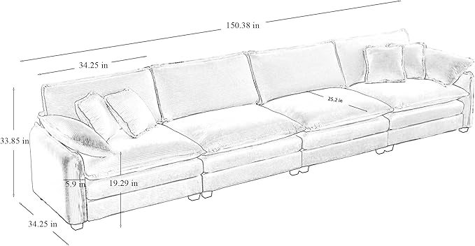 KEIKI 150" Oversized Corduroy Modular Sectional Cloud Sofa with High-Density Foam Cushions, Removable Armrests, Upholstered Modern 4-Seater Fluffy Corner Couch with 6 Pillow, for Living Room, Green