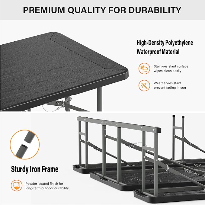 VINGLI Folding Picnic Table and Bench Set, Portable Outdoor Dining Furniture for Camping, Patio, Backyard, Wood Grain Plastic Top with Metal Frame (Black) - Image 3