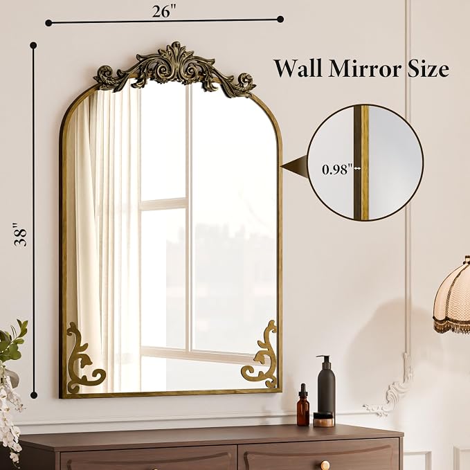 Koonmi Vintage Mirror, 26x38 Wall Mounted Vanity Mirror, Tempered Glass, Detachable Flower Head, Bronze Antique Decorative Mirror for Bathroom Entryway Fireplace Living Room Hallway - Image 4