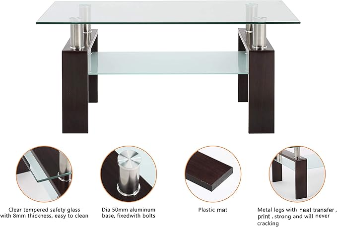 IANIYA Black Walnut Rectangle Tempered Glass Coffee Table Metal Tube Legs End Table for Livingroom