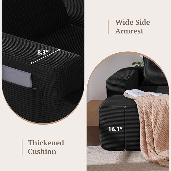 97" L-Shaped Sectional Sofa, No Assembly Boneless Modular Couch, Memory Foam Deep Seat with Side Pockets & Pillows, Compressed Sofa, Jet Black Left