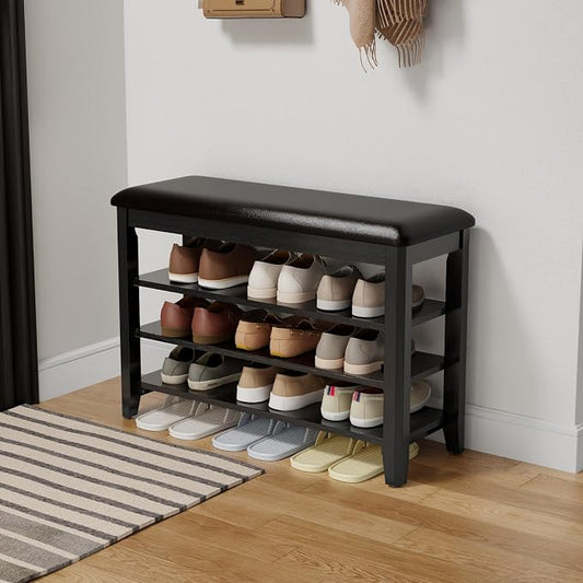 AQIMUELE Shoe Bench with Leather Cushion, 3 Tiers Shoe Storage Bench Height Adjustable, Walnut Wood Entryway Bench for Hallway, Mudroom by AQIMUELE