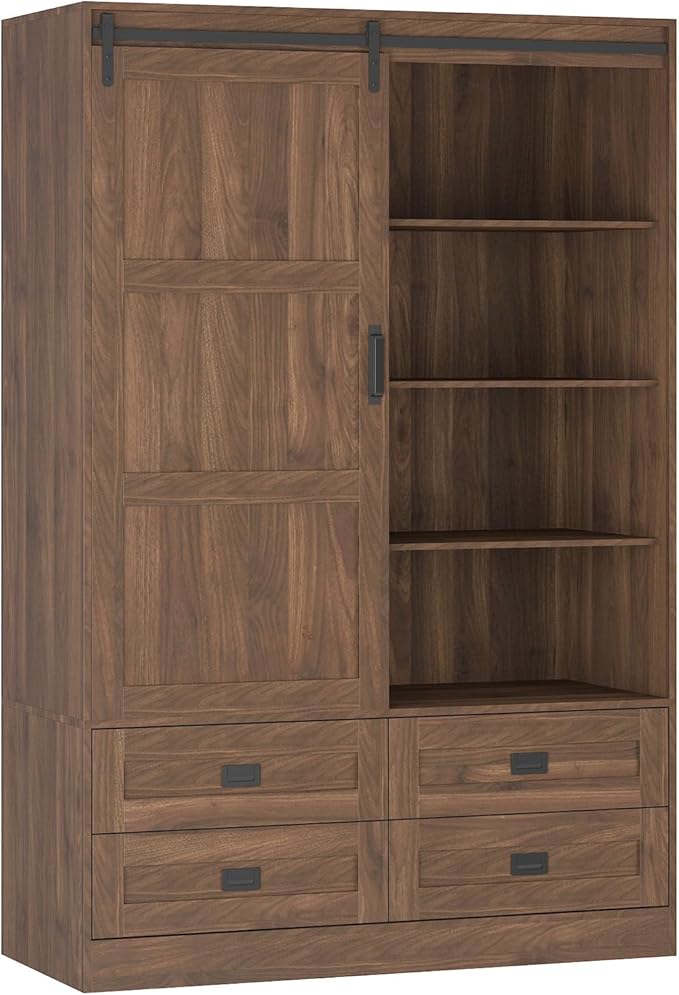 Wardrobe Closet with Sliding Barn Door, Tall Wooden Bedroom Armoire Wardrobe Closet Clothing Storage Cabinet with 4 Drawers, Adjustable Shelves and Hanging Rod, Clothes Cabinet for Bedroom, Brown