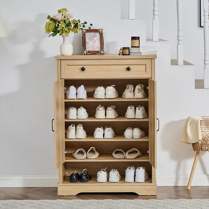 SOOWERY Shoe Cabinet with Drawer, Farmhouse Shoe Storage Cabinet with Doors, 5 Tiers Narrow Shoe Organizer for Entryway, Foyer, Hallway, Natural Oak - Image 5