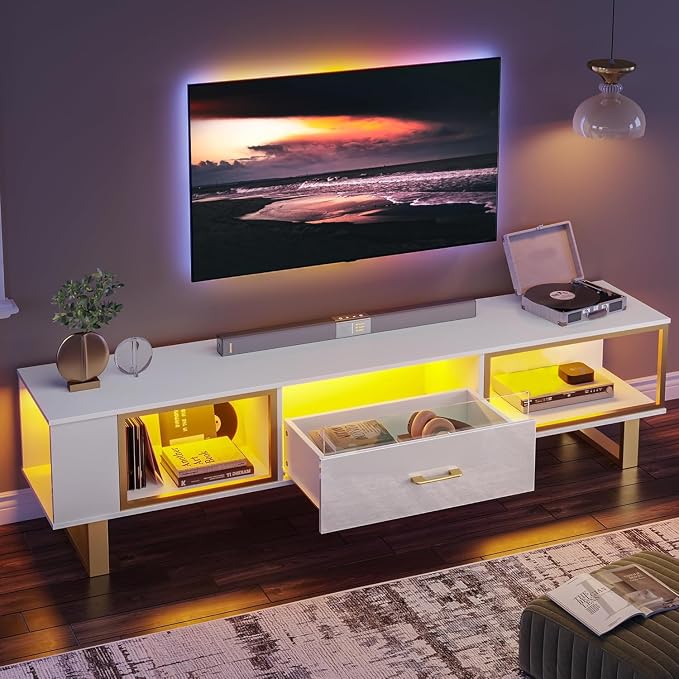 Bestier TV Stand with LED Light for TVs up to 80 Inch, Modern Entertainment Center with Open Storage and Half-Glass Design Drawer, High Gloss Media Console Table for Living Room Bedrom, White and Gold - Image 6