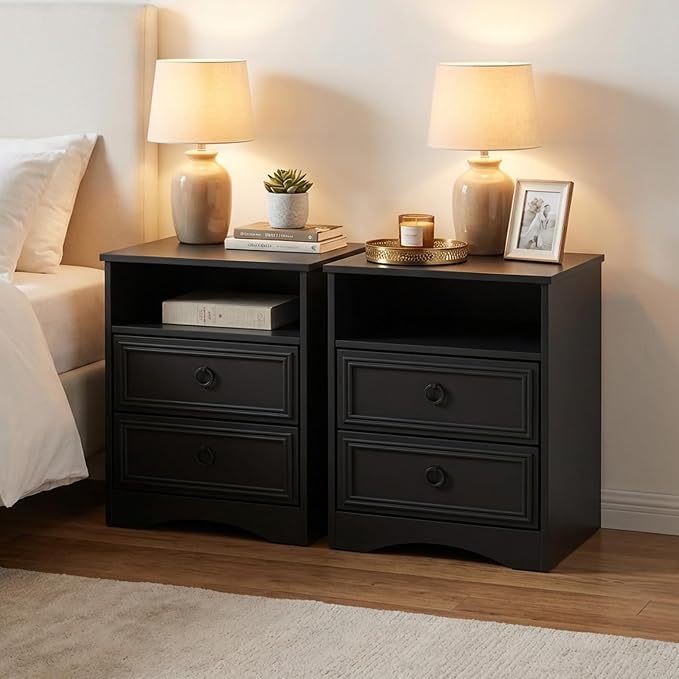 LGHM Set of 2 Nightstand, Large Night Stand with 2 Drawers, 17.7" W Accent Bed Side Table and End Table with Large Open Compartment for Bedroom, Living Room,Black by WelcometoLGHMHome
