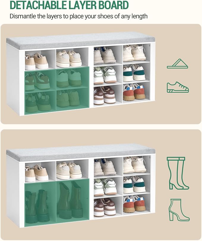 Hzuaneri Shoe Bench with Cushion, Entryway Storage Bench with 12 Cubbies, Cubby Shoe Rack with Adjustable Shelves, Shoe Organizer Cabinet for Living Room, Bedroom, Entryway, White SB19003GY - Image 6