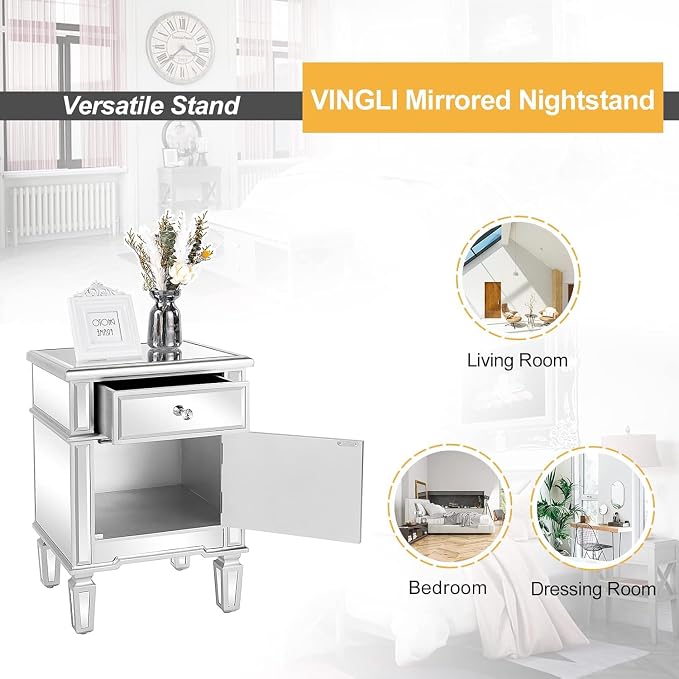 VINGLI Modern Nightstand Mirrored Bedside Table with 1 Drawer and 1 Cabinet Door for Bedroom, Silver - Image 6
