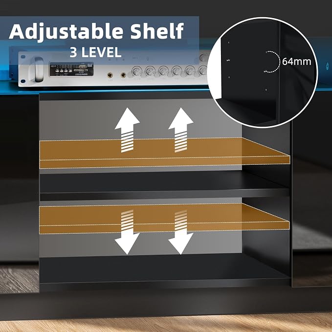 HOMMPA Modern LED TV Stand for 65/60/55 inch TV with Power Outlets - Gaming Console Storage Entertainment Center with LED Lights - Black - Image 5