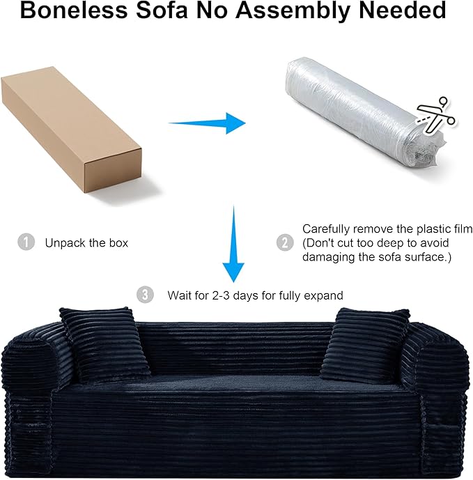 83'' Boneless Couch in A Box, No Assembly Needed Sofa Bed Couch 3 Seater Corduroy Modern Cloud Sofa 29'' Deep Seat with 2 Pillows & Removable Backrest for Living Room, Bedroom, Apartment, Navy Blue | No Assembly Needed, High Density Foam, Removable Bac...