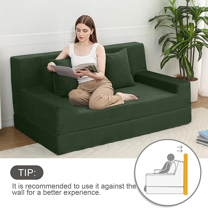MeMoreCool Boneless Loveseat Sofa Bed – Dark Green Corduroy Convertible Futon Couch, Foldable Floor Sleeper with Foam & Pillow, Washable Cover for Bedroom, Apartment, Small Living Room