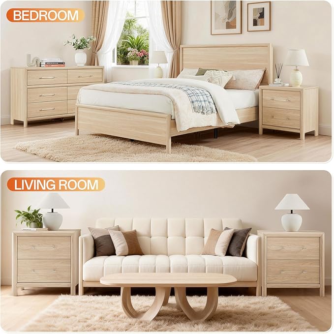 Bed Frame and Nightstand Set, Queen Wood Bed Frame with Headboard and 2 2-Drawer Nightstands, 3 Pieces Mid-Century Modern Bedroom Furniture Set, Natural Ash