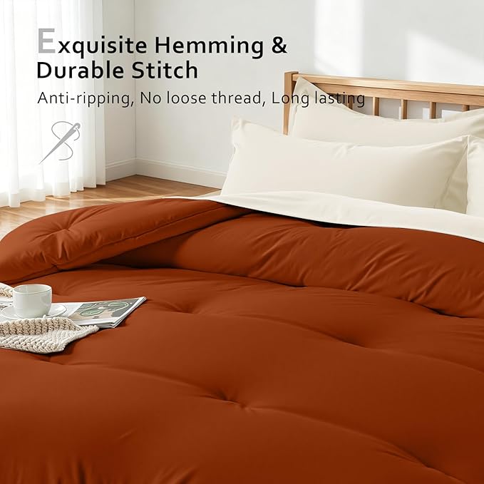 Comforters Queen Size, All Season Quilted Bed Comforter, Ultra-Soft Down Alternative Duvet Insert with 4 Tabs, Lightweight Bedding Blanket - Machine Washable, Burnt Orange